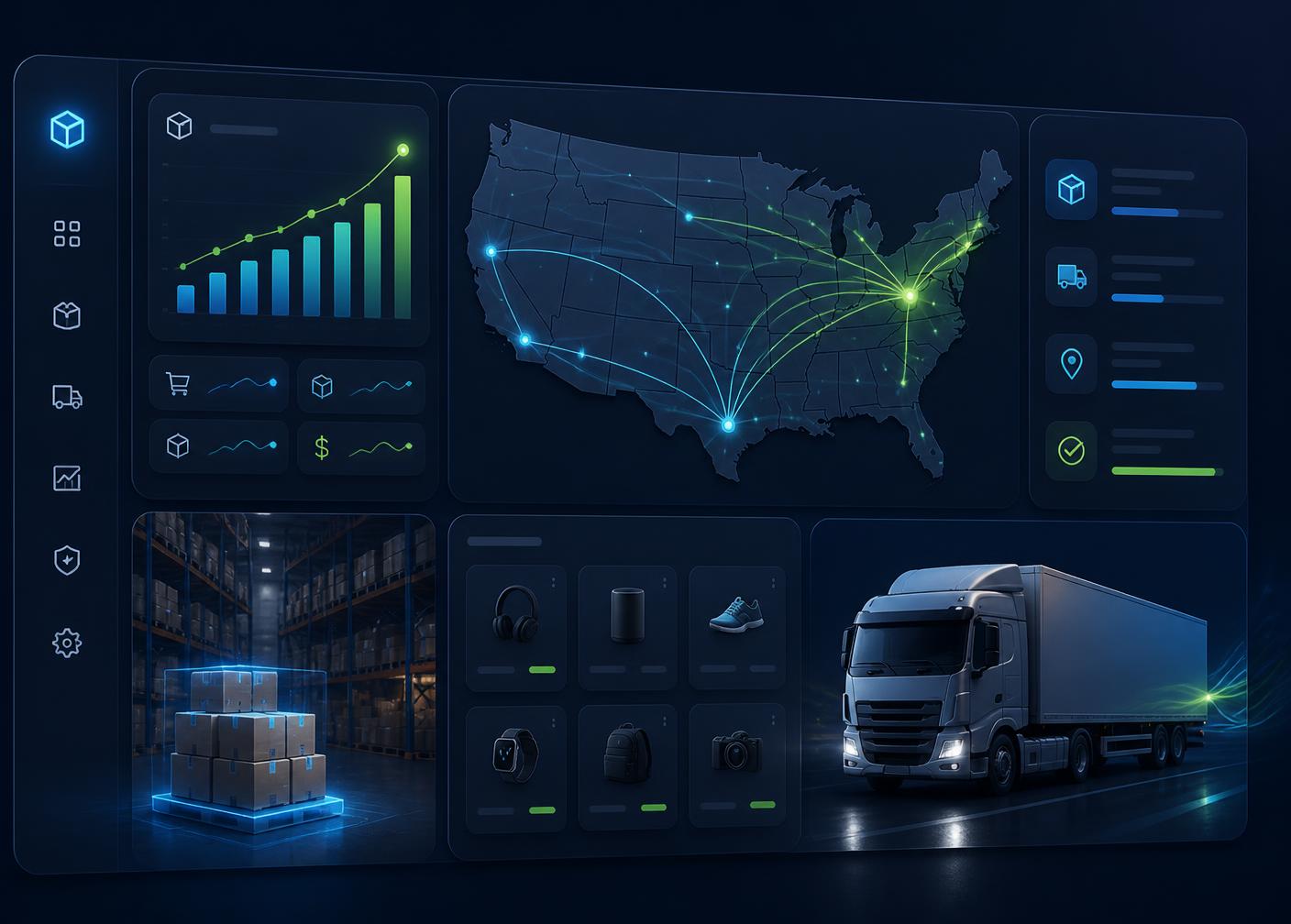 Quicko Sphere BD warehouse dashboard showing US shipping routes, live order analytics, and same-day fulfillment